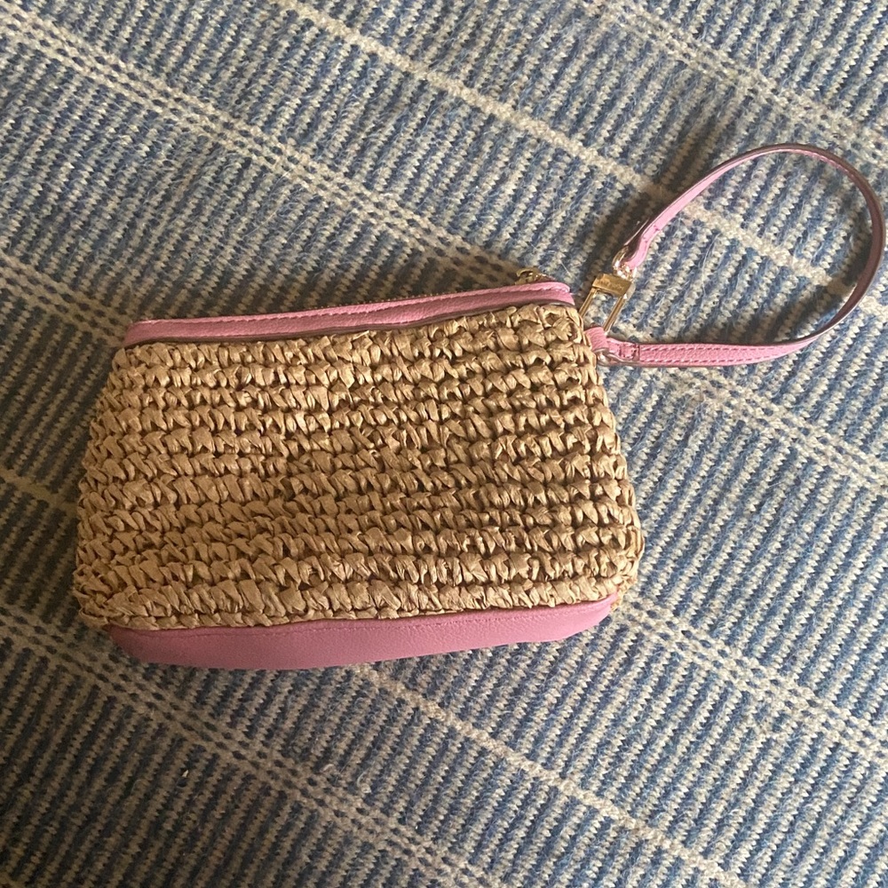 Anne Klein Pink and Tan Raffia Wristlet